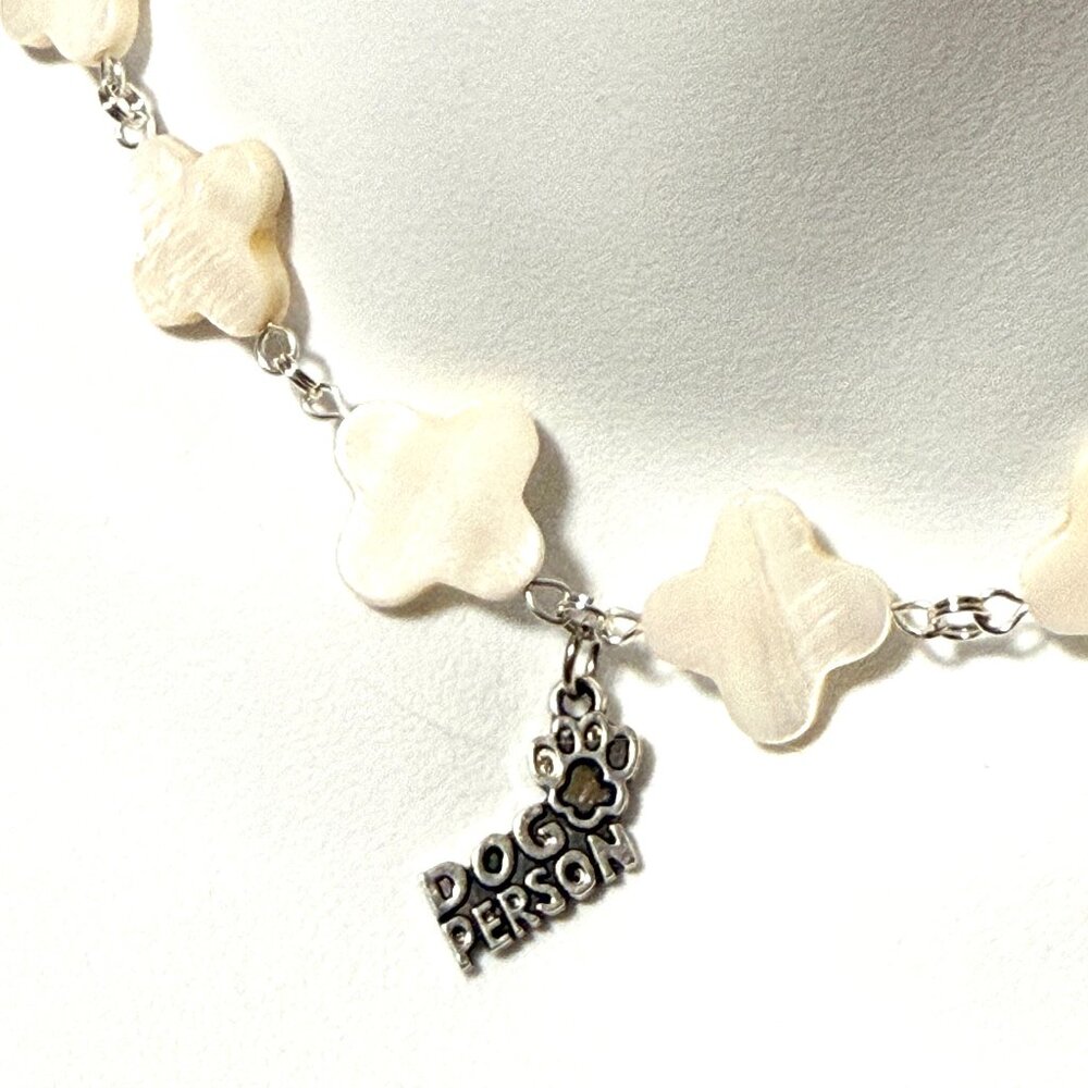 White Mother of Pearl Clover Beaded Short Necklace +Dog Person Paw Print Pendant